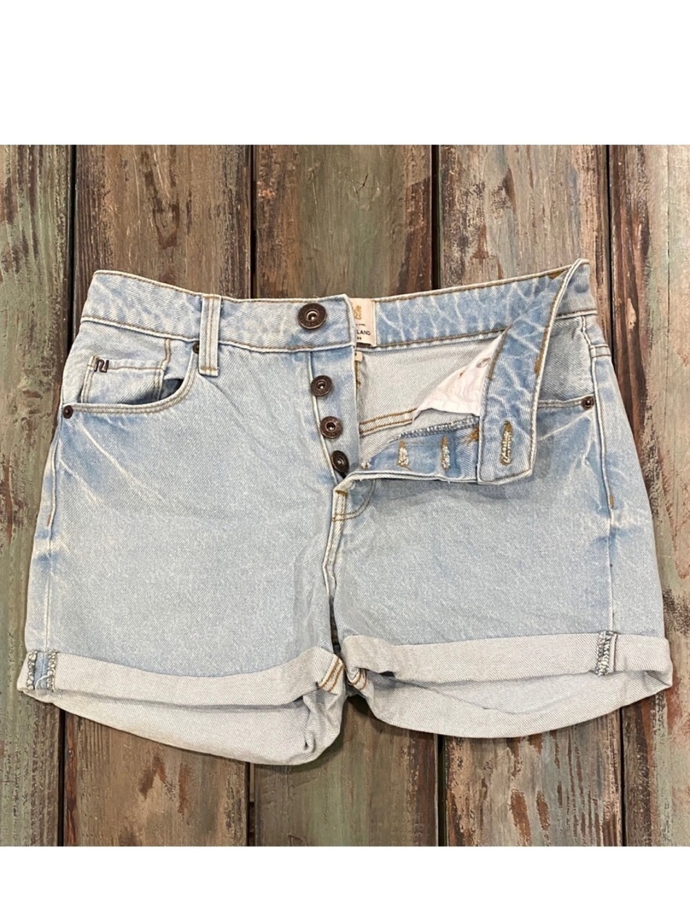 River Island Sz 4 (UK 8) Button Fly Denim Cuffed Shorts Womens Mid 10” Rise